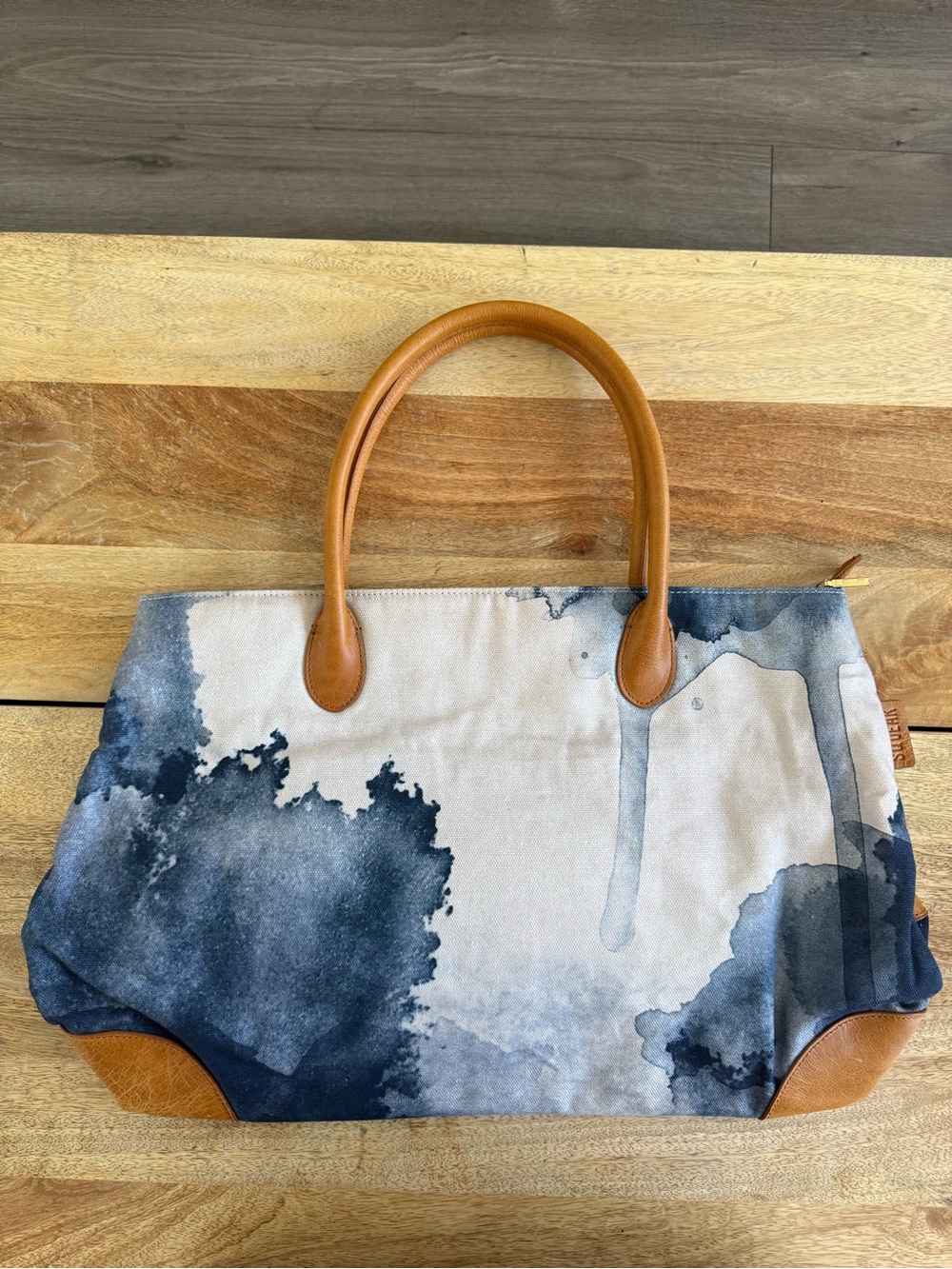 Rare Squeak Watercolor-Print Tote with Tan Camel Leather Trim